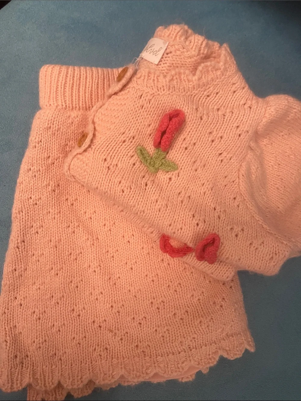 Peach Knit Floral Appliqué Cardigan & Skirt Set